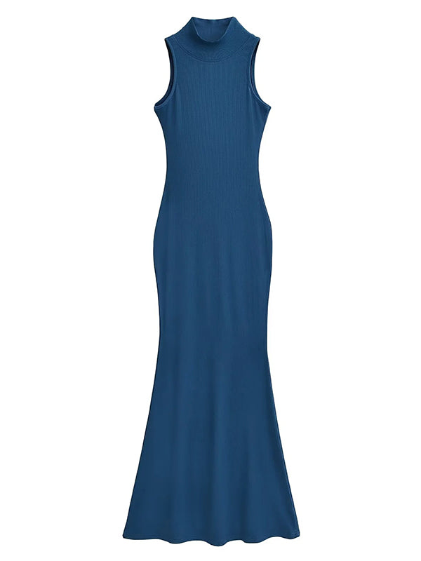 Momsmood Dark Blue High Neck Sleeveless Bodycon Mermaid Elegant Going Out Maternity Baby Shower Maxi Dress