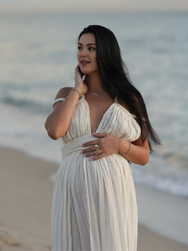 Momsmood Deep V-neck Tie Up Backless Big Swing Flowy Elegant Boho Maternity Photoshoot Maxi Dress