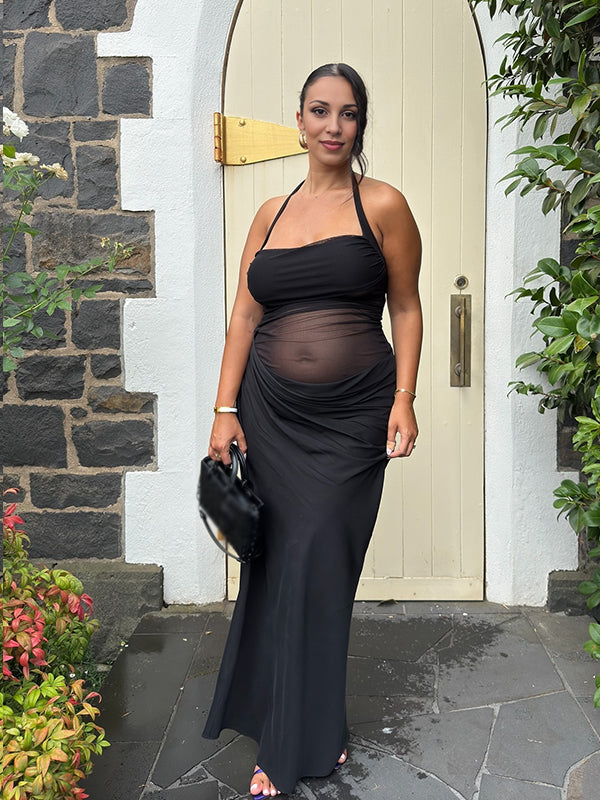 Momsmood Mesh Patchwork Ruched Cut Out Halter Neck Backless Bodycon Elegant Maternity Baby Shower Party Maxi Dress