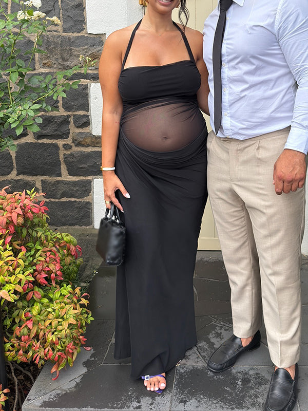 Momsmood Mesh Patchwork Ruched Cut Out Halter Neck Backless Bodycon Elegant Maternity Baby Shower Party Maxi Dress