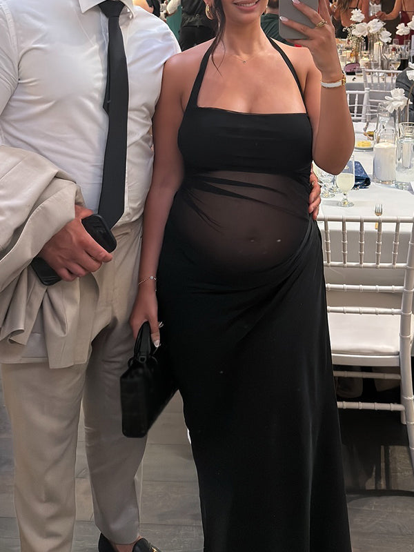 Momsmood Mesh Patchwork Ruched Cut Out Halter Neck Backless Bodycon Elegant Maternity Baby Shower Party Maxi Dress