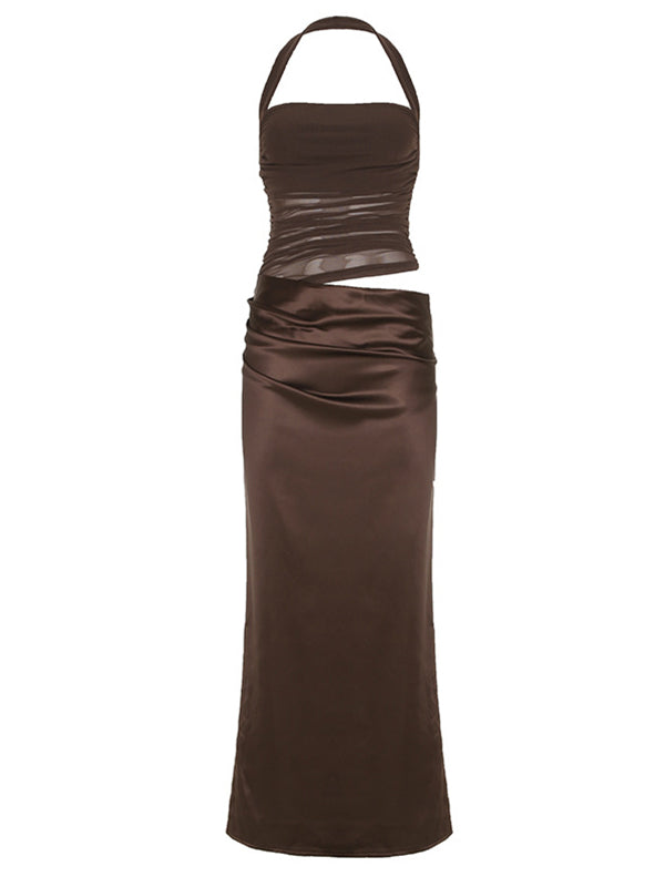 Momsmood Mesh Patchwork Ruched Cut Out Halter Neck Backless Bodycon Elegant Maternity Baby Shower Party Maxi Dress