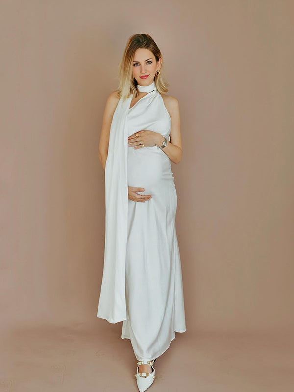 Momsmood White Draped Sleeveless Mermaid Bodycon Elegant Maternity Photoshoot Maxi Dress