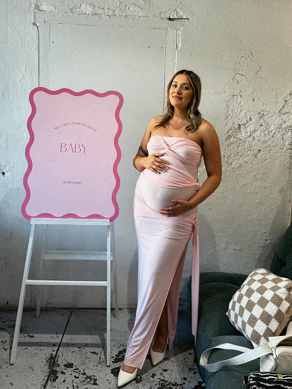 Momsmood Pink Bandeau Ruched Knot Tie Side Slit Draped Strapless Bodycon Elegant Maternity Photoshoot Baby Shower Maxi Dress