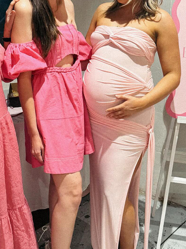 Momsmood Pink Bandeau Ruched Knot Tie Side Slit Draped Strapless Bodycon Elegant Maternity Photoshoot Baby Shower Maxi Dress