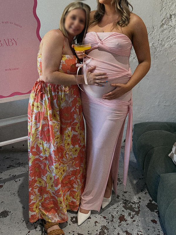 Momsmood Pink Bandeau Ruched Knot Tie Side Slit Draped Strapless Bodycon Elegant Maternity Photoshoot Baby Shower Maxi Dress