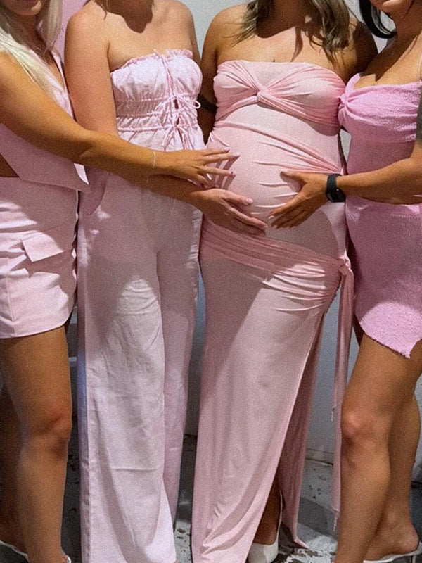 Momsmood Pink Bandeau Ruched Knot Tie Side Slit Draped Strapless Bodycon Elegant Maternity Photoshoot Baby Shower Maxi Dress