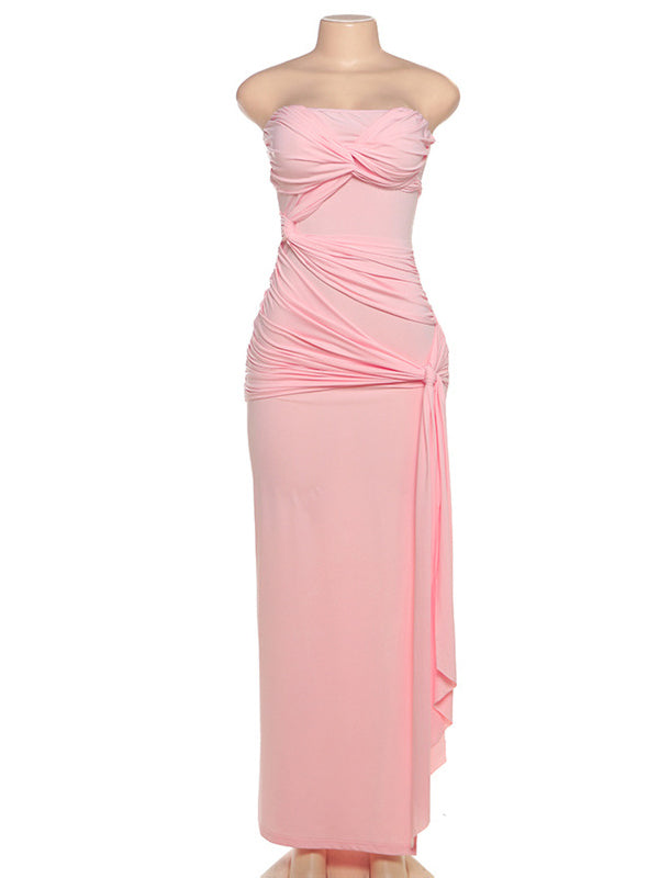 Momsmood Pink Bandeau Ruched Knot Tie Side Slit Draped Strapless Bodycon Elegant Maternity Photoshoot Baby Shower Maxi Dress