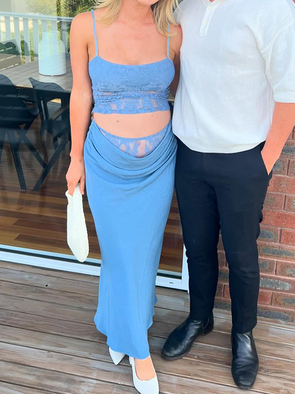 Momsmood Lace Patchwork Ruched Two Piece Set Cami Crop Top And Maxi Bodycon Skirt Elegant Maternity Photoshoot Maxi Dress