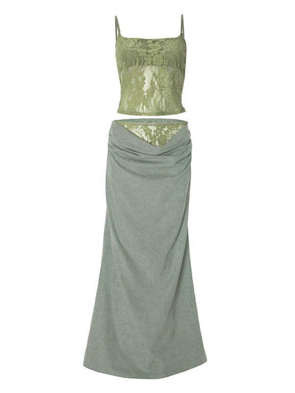 Momsmood Lace Patchwork Ruched Two Piece Set Cami Crop Top And Maxi Bodycon Skirt Elegant Maternity Photoshoot Maxi Dress