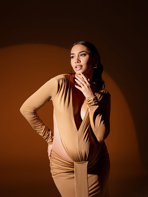 Momsmood Khaki Cut Out Ruched Draped Slit Deep V-neck Bodycon Elegant Maternity Photoshoot Maxi Dress