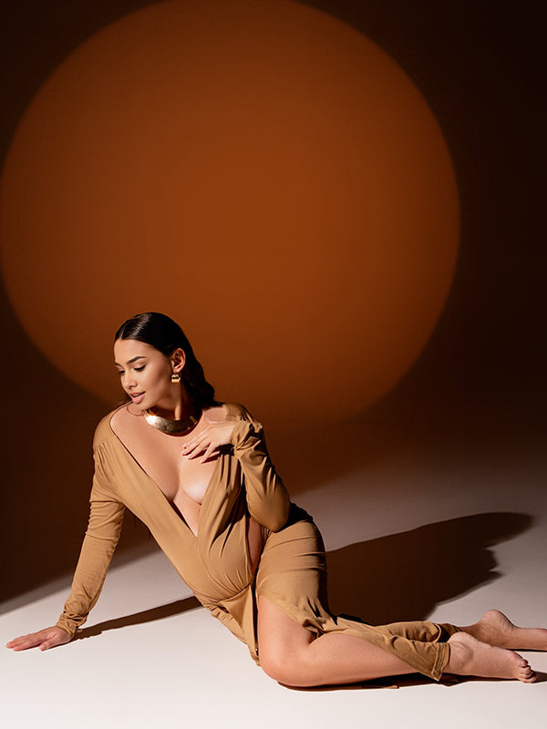 Momsmood Khaki Cut Out Ruched Draped Slit Deep V-neck Bodycon Elegant Maternity Photoshoot Maxi Dress