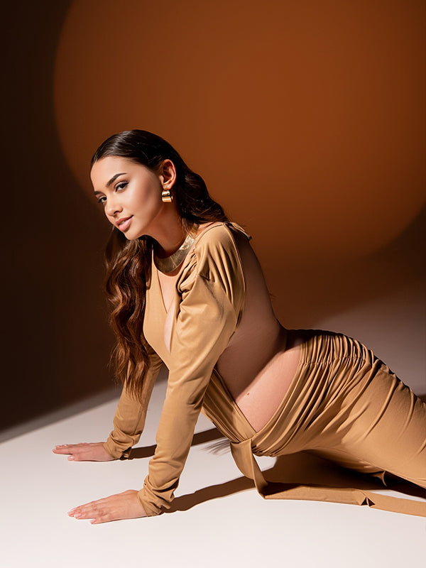 Momsmood Khaki Cut Out Ruched Draped Slit Deep V-neck Bodycon Elegant Maternity Photoshoot Maxi Dress