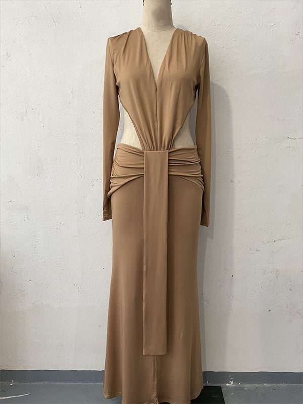 Momsmood Khaki Cut Out Ruched Draped Slit Deep V-neck Bodycon Elegant Maternity Photoshoot Maxi Dress
