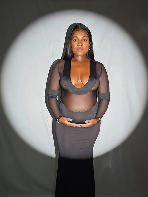 Momsmood Black Mesh Patchwork Plunging Neckline Mermaid Bodycon Sheer Elegant Maternity Photoshoot Maxi Dress