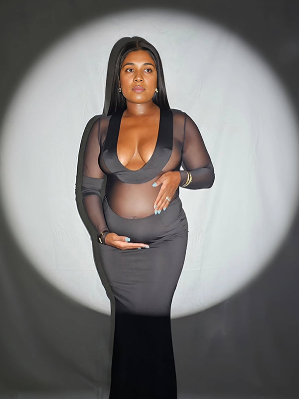Momsmood Black Mesh Patchwork Plunging Neckline Mermaid Bodycon Sheer Elegant Maternity Photoshoot Maxi Dress