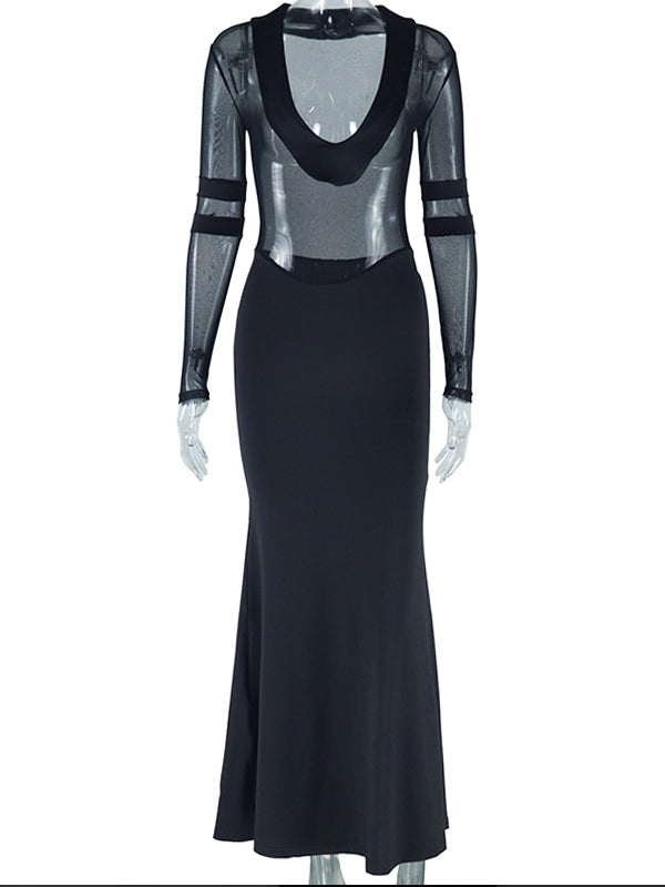 Momsmood Black Mesh Patchwork Plunging Neckline Mermaid Bodycon Sheer Elegant Maternity Photoshoot Maxi Dress
