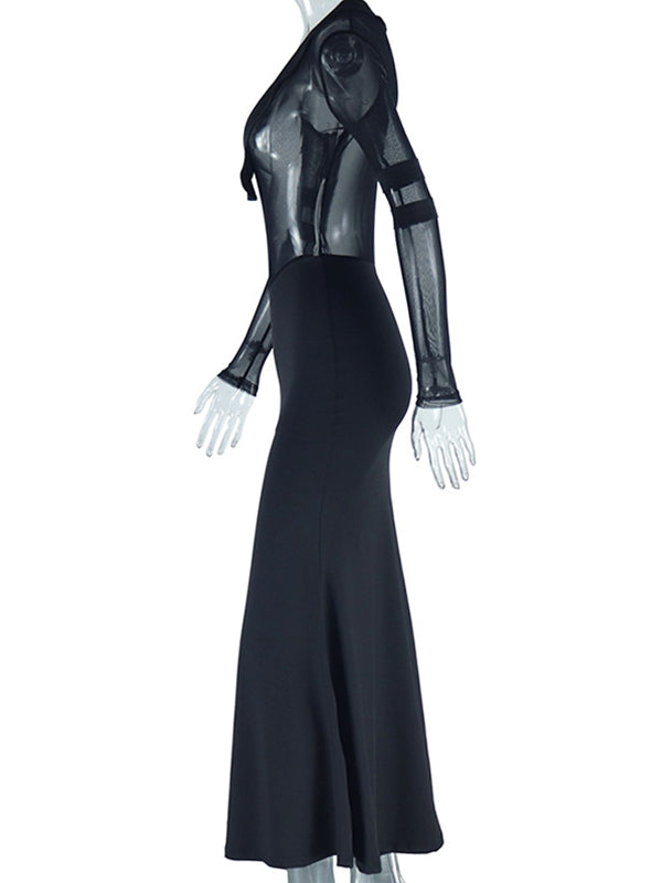 Momsmood Black Mesh Patchwork Plunging Neckline Mermaid Bodycon Sheer Elegant Maternity Photoshoot Maxi Dress