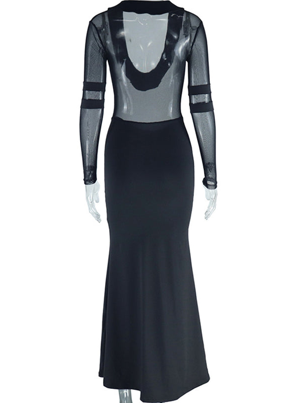 Momsmood Black Mesh Patchwork Plunging Neckline Mermaid Bodycon Sheer Elegant Maternity Photoshoot Maxi Dress