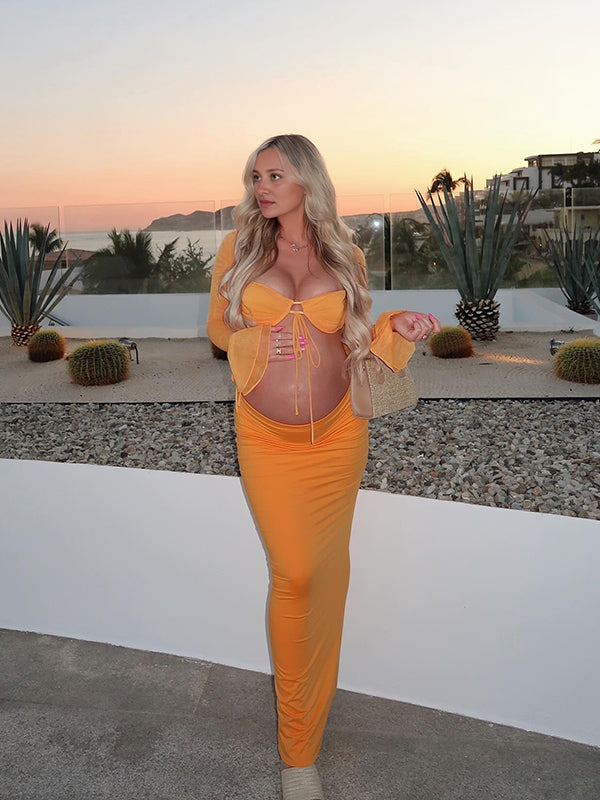 Momsmood Mesh Patchwork Two Pice Set Corset Crop Top And Bodycon Skirt Elegant Maternity Baby Moon Party Maxi Dress