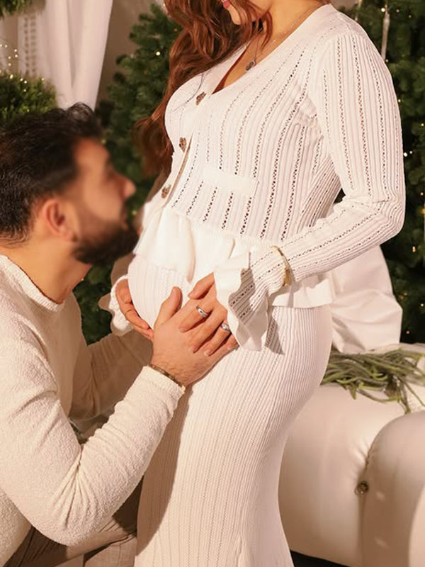 Momsmood White Knitted Single Breasted Ruffle Falbala Mermaid Elegant Maternity Baby Shower Maxi Dress