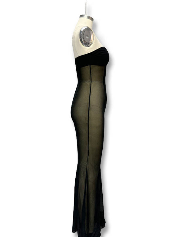Momsmood Black Mesh Bandeau Metal Buckle Cut Out Strapless Bodycon Sheer Elegant Maternity Photoshoot Maxi Dress