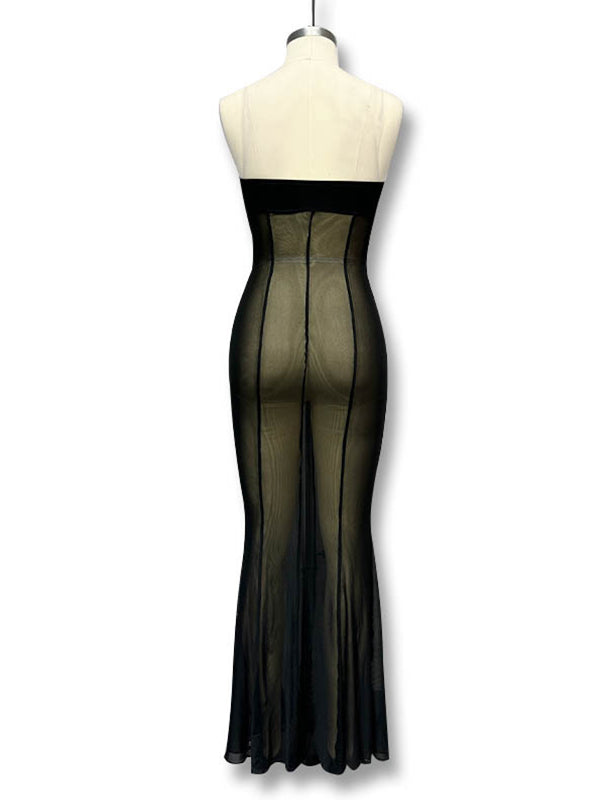 Momsmood Black Mesh Bandeau Metal Buckle Cut Out Strapless Bodycon Sheer Elegant Maternity Photoshoot Maxi Dress