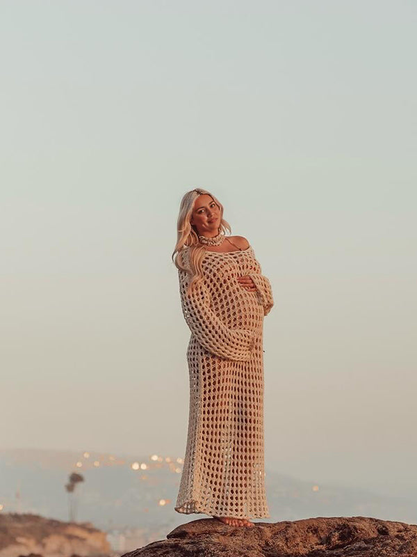 Momsmood Apricot Hollow Out Knitted Off Shoulder Baby Moon Beach Cover Up Elegant Sheer Maternity Photoshoot Maxi Dress