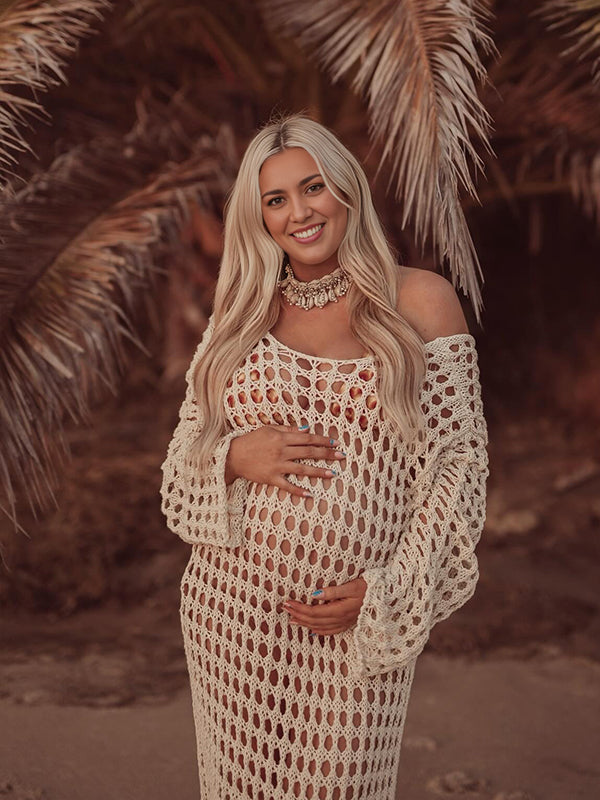 Momsmood Apricot Hollow Out Knitted Off Shoulder Baby Moon Beach Cover Up Elegant Sheer Maternity Photoshoot Maxi Dress