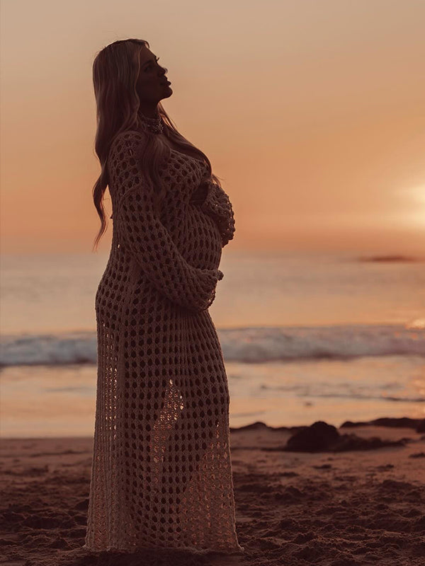 Momsmood Apricot Hollow Out Knitted Off Shoulder Baby Moon Beach Cover Up Elegant Sheer Maternity Photoshoot Maxi Dress