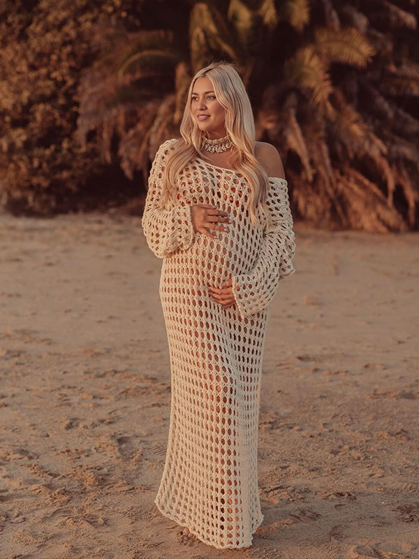 Momsmood Apricot Hollow Out Knitted Off Shoulder Baby Moon Beach Cover Up Elegant Sheer Maternity Photoshoot Maxi Dress