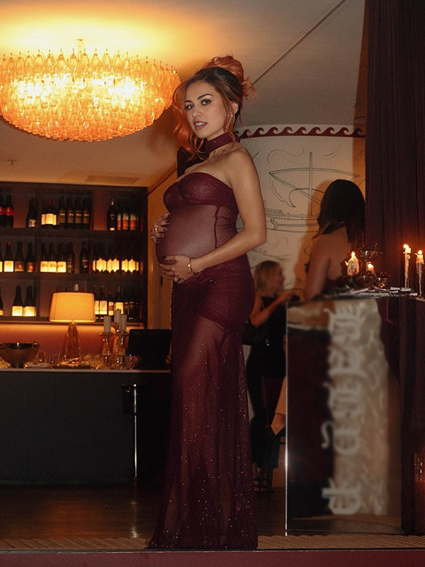 Momsmood Red Glitter Mesh Bandeau Ruched Strapless Two Piece Set Sheer Elegant Maternity Baby Maxi Dress