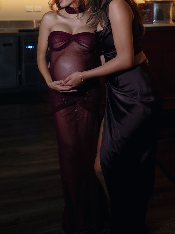 Momsmood Red Glitter Mesh Bandeau Ruched Strapless Two Piece Set Sheer Elegant Maternity Baby Maxi Dress