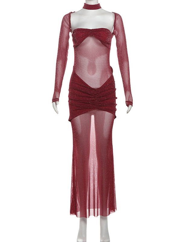 Momsmood Red Glitter Mesh Bandeau Ruched Strapless Two Piece Set Sheer Elegant Maternity Baby Maxi Dress