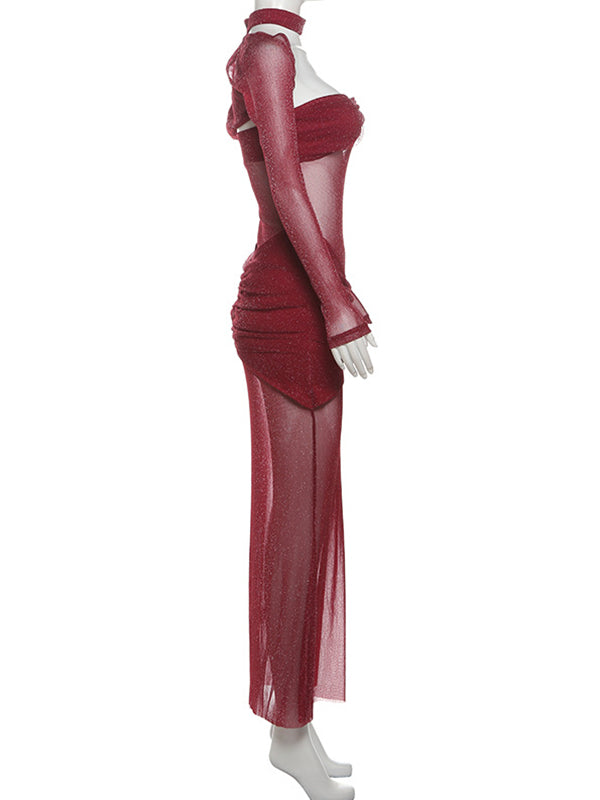 Momsmood Red Glitter Mesh Bandeau Ruched Strapless Two Piece Set Sheer Elegant Maternity Baby Maxi Dress