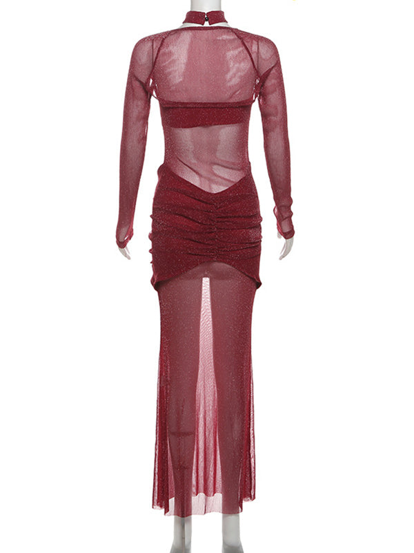 Momsmood Red Glitter Mesh Bandeau Ruched Strapless Two Piece Set Sheer Elegant Maternity Baby Maxi Dress
