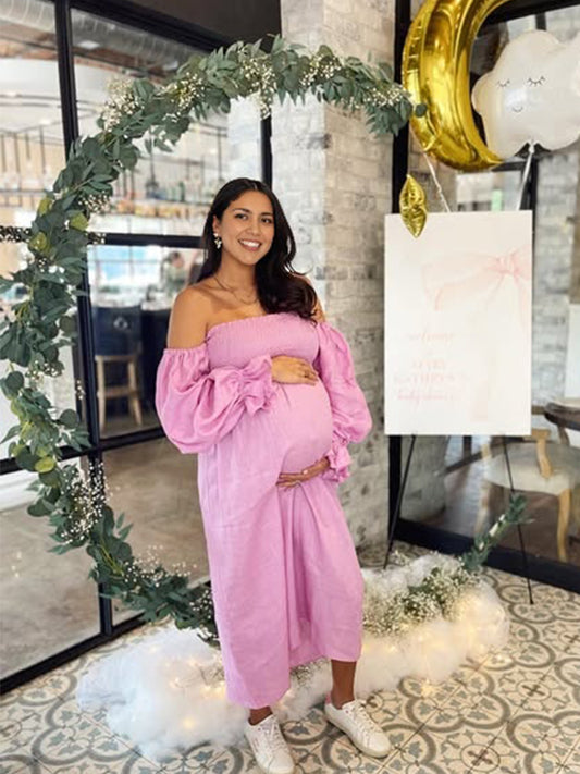 Momsmood Pink Off Shoulder Smocked Ruffle Falbala A-line Puff Sleeve Elegant Maternity Baby Shower Maxi Dress