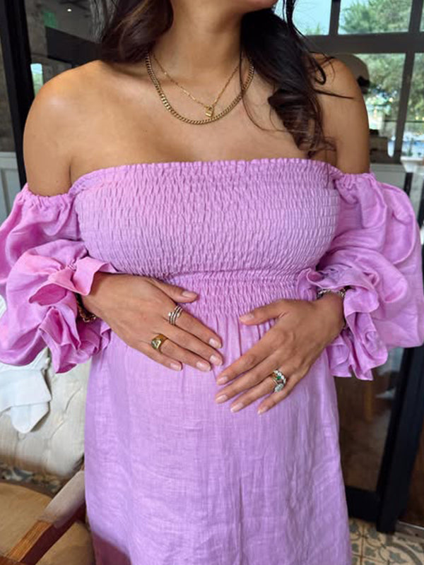 Momsmood Pink Off Shoulder Smocked Ruffle Falbala A-line Puff Sleeve Elegant Maternity Baby Shower Maxi Dress