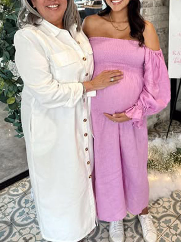Momsmood Pink Off Shoulder Smocked Ruffle Falbala A-line Puff Sleeve Elegant Maternity Baby Shower Maxi Dress
