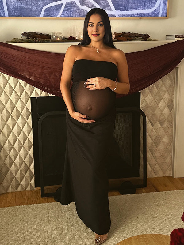 Momsmood Black Mesh Patchwork Bandeau Strapless Bodycon Elegant Maternity Photoshoot Maxi Dress