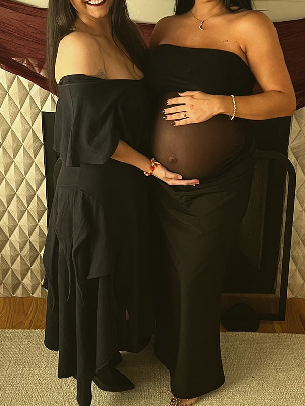 Momsmood Black Mesh Patchwork Bandeau Strapless Bodycon Elegant Maternity Photoshoot Maxi Dress