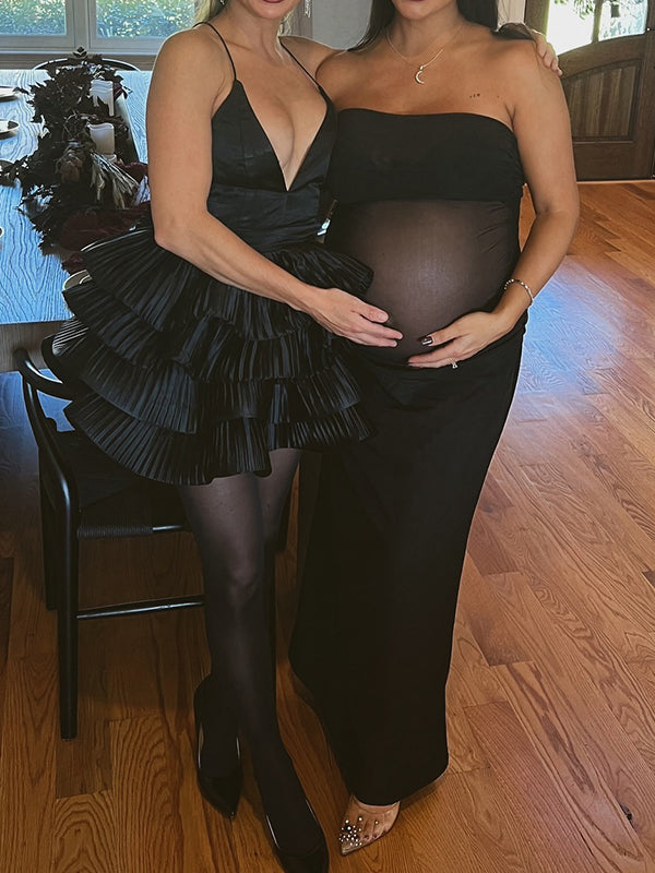 Momsmood Black Mesh Patchwork Bandeau Strapless Bodycon Elegant Maternity Photoshoot Maxi Dress