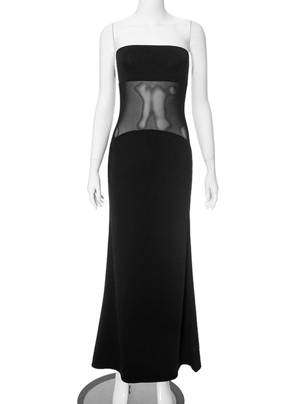 Momsmood Black Mesh Patchwork Bandeau Strapless Bodycon Elegant Maternity Photoshoot Maxi Dress