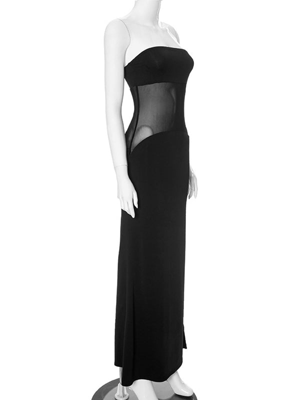 Momsmood Black Mesh Patchwork Bandeau Strapless Bodycon Elegant Maternity Photoshoot Maxi Dress