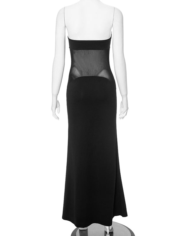 Momsmood Black Mesh Patchwork Bandeau Strapless Bodycon Elegant Maternity Photoshoot Maxi Dress