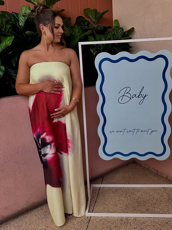 Momsmood Floral Printed Satin Bandeau Strapless Backless Elegant Maternity Baby Shower Maxi Dress