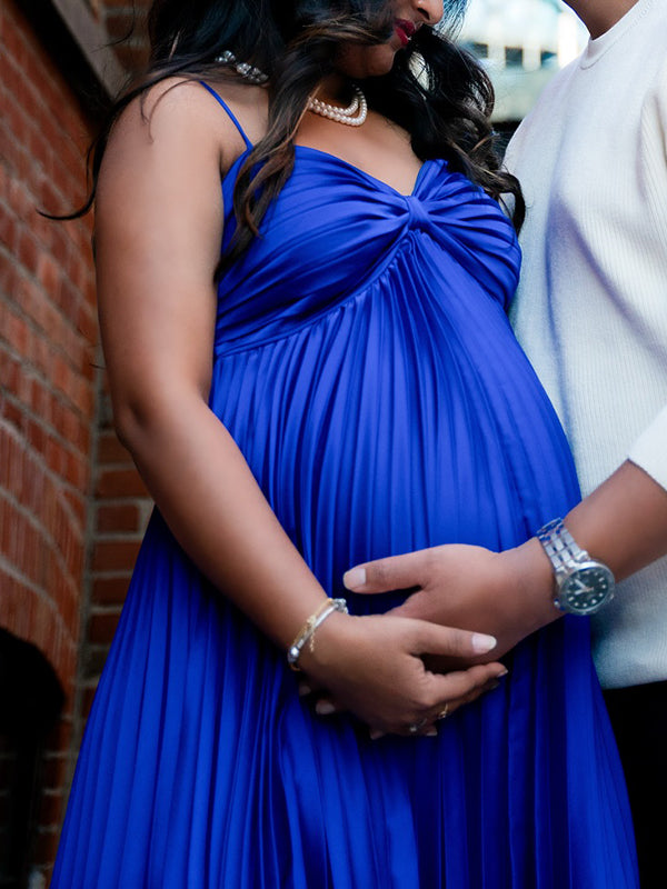 Momsmood Royal Blue Satin Pleated Cami Big Swing Irregular Hem Elegant Maternity Photoshoot Maxi Dress