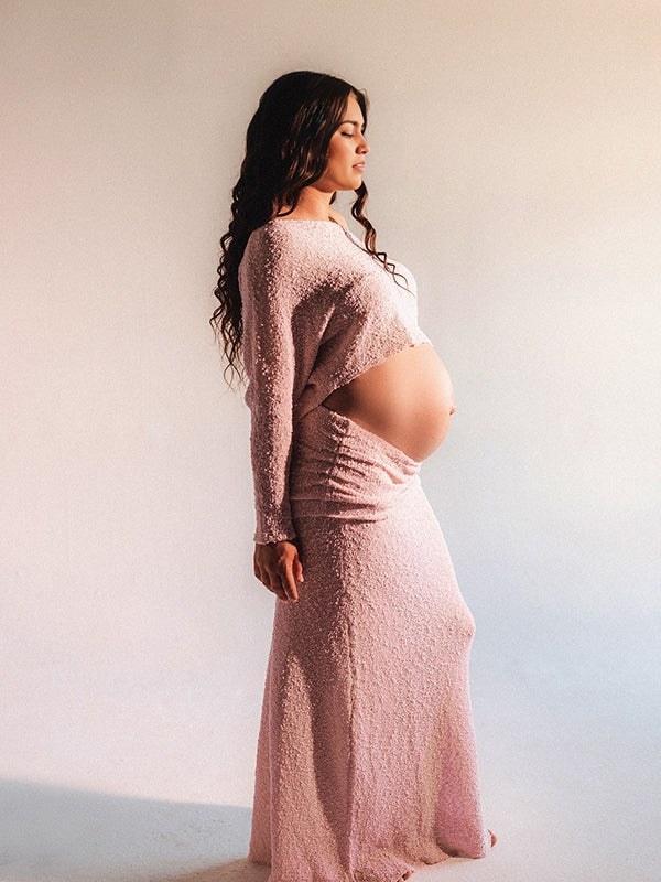 Momsmood Knitted Ruched Two Piece Set Off Shoulder Crop Top And Bodycon Skirt Elegant Maternity Photoshoot Photoshoot Maxi Dress