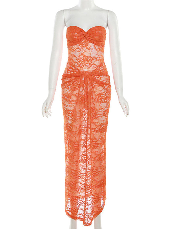 Momsmood Lace Ruched Bandeau Strapless Bodycon Sheer Elegant Maternity Baby Shower Party Maxi Dress