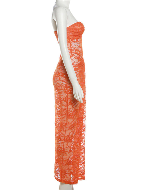 Momsmood Lace Ruched Bandeau Strapless Bodycon Sheer Elegant Maternity Baby Shower Party Maxi Dress